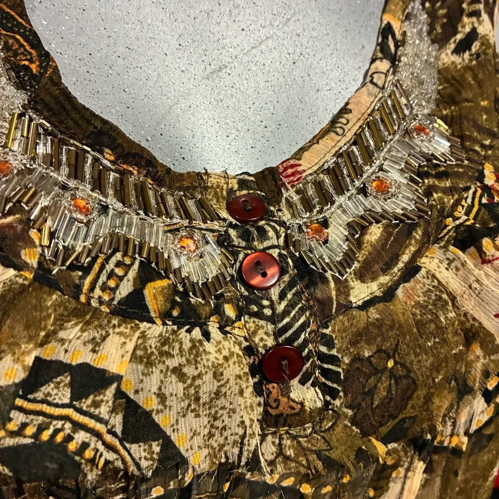 Y2K Vintage Solitaire Boho Ruffle Hem Blouse Tank Top Floral Beaded Neckline Lrg